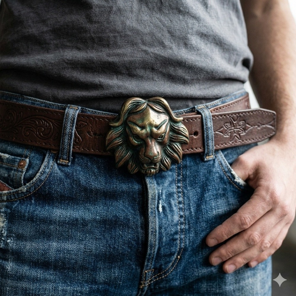 Vintage Y2K Diesel Lion Buckle Belt Brown Leather Mens Size 80 Made in Italy